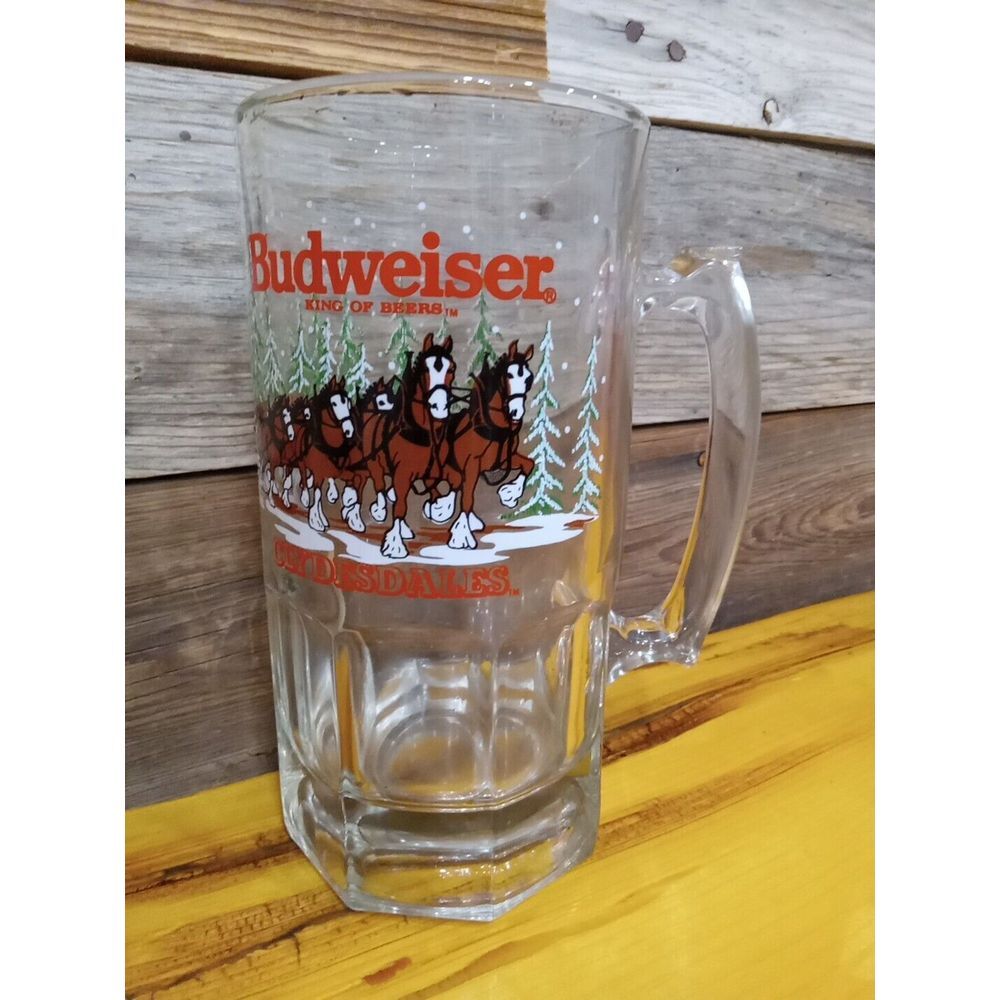 Vintage 1989 Budweiser Clydesdale 30 oz Beer Mug Clear Glass With Handle - Clean